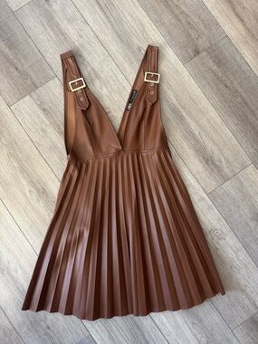 Zara Brown Pleated Faux Leather Mini Dress with Buckle Straps